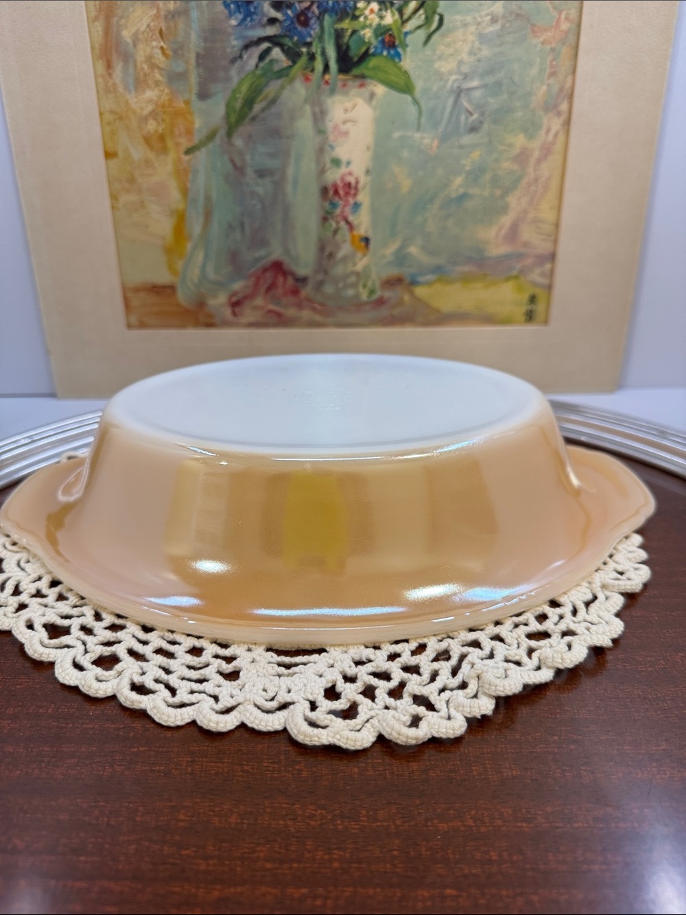 VTG Fire-King Peach Lustre Divided Casserole Dish 468 BACKWARD LOGO Rare
